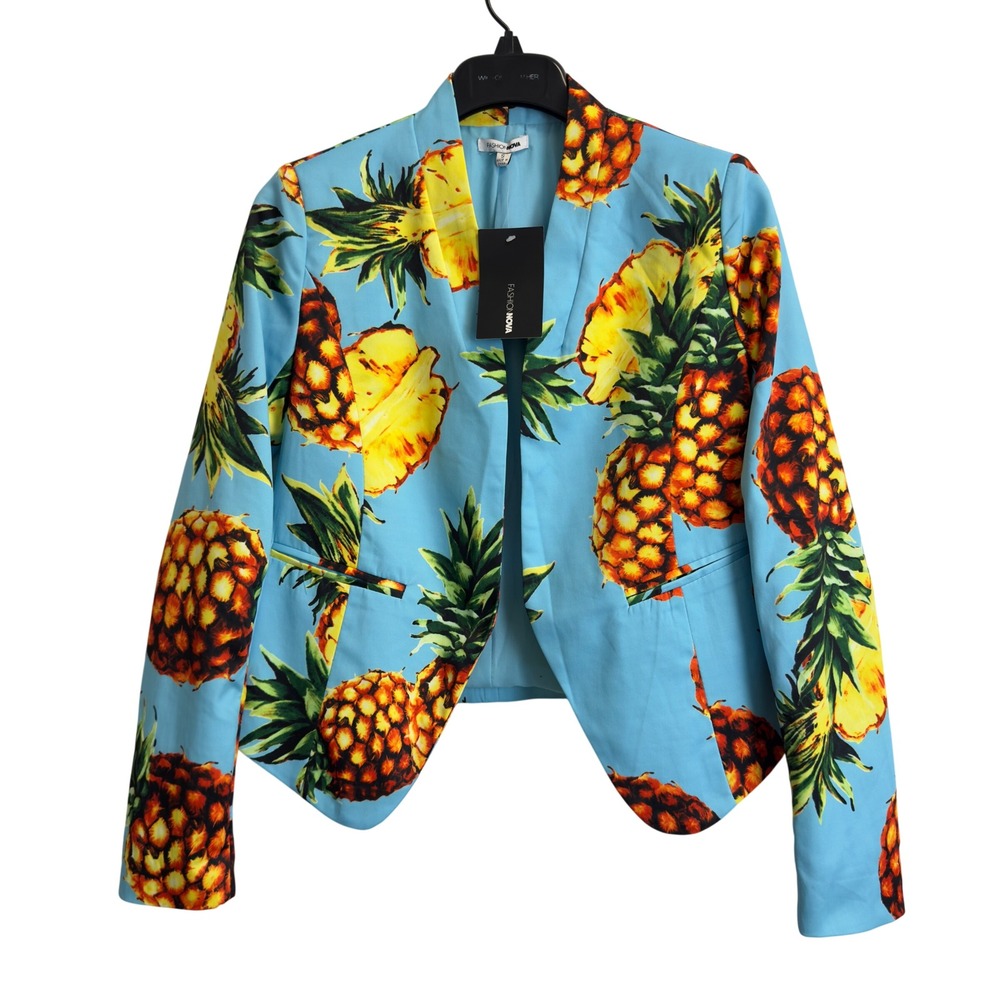 Fashion Nova Sweet And Sour Blazer Blue Pineapple Tropical Print Jacket Size S